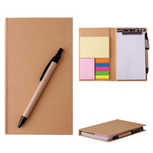 A brown notebook with a pen and sticky notes