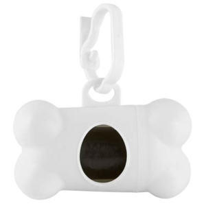 A white dog poop bag holder in the shape of a bone.