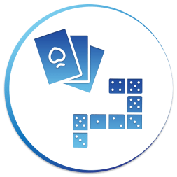 A blue circle with dominoes and cards in it