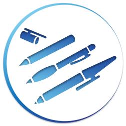 A blue circle with three pens and an eraser in it