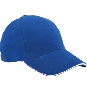 A blue baseball cap with a white stripe on the brim