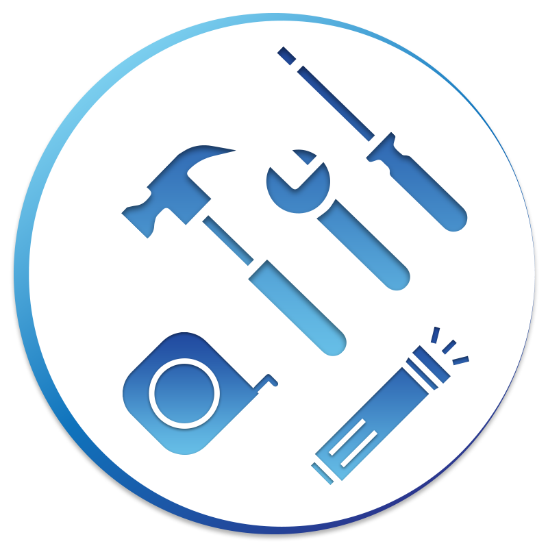 A hammer , wrench , screwdriver , tape measure and flashlight are shown in a circle.