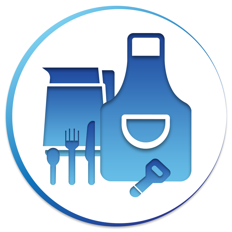 A blue circle with a blue apron and utensils in it