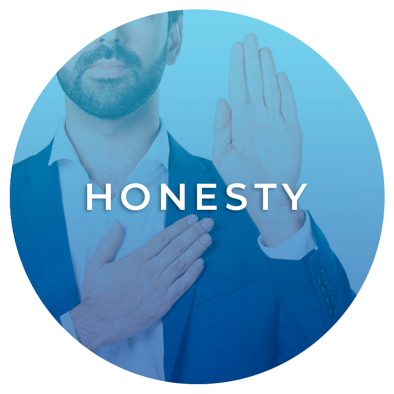A man in a suit holds his hand over his heart with the word honesty above him