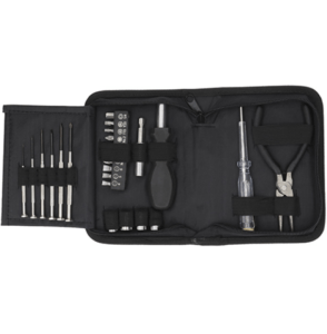 A black case filled with tools including a screwdriver and pliers