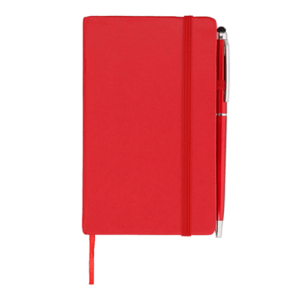 A red notebook with a pen attached to it.