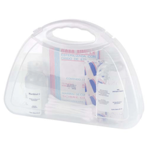 A first aid kit in a clear plastic case