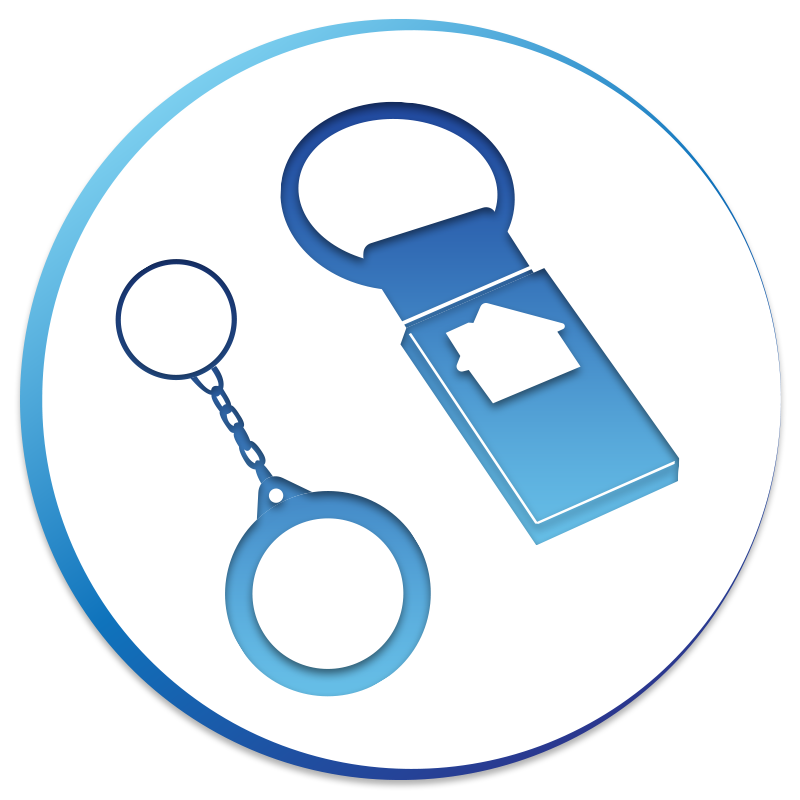 A blue keychain with a house on it