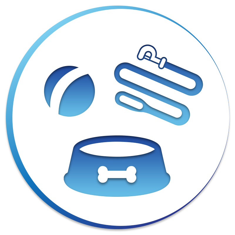 An icon of a dog bowl , a ball , and a leash.