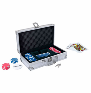 A silver briefcase filled with poker chips and playing cards