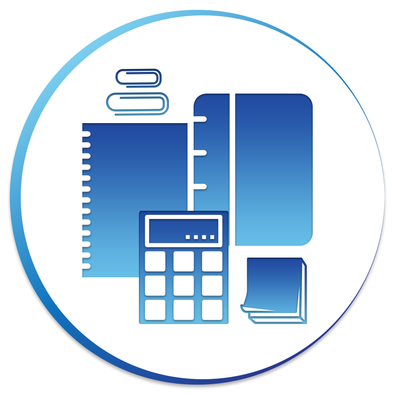 A blue circle with a calculator , ruler , notebooks and clips on it