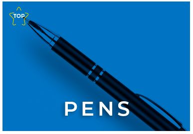 A black pen on a blue background with the word pens below it