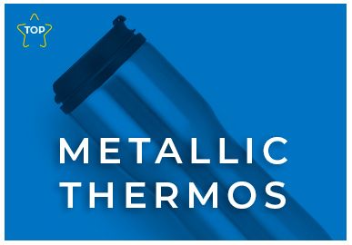 A picture of a metallic thermos on a blue background.