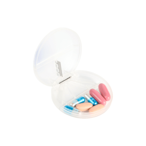 A clear plastic container filled with pills and capsules