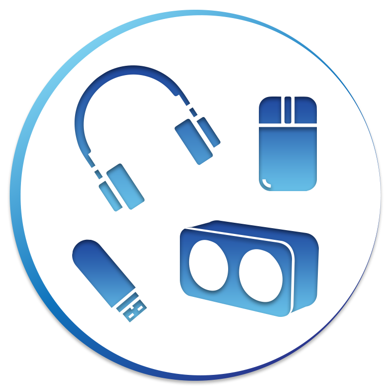 A blue circle with headphones a mouse and a speaker