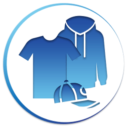 A blue circle with a t-shirt a hoodie and a baseball cap in it
