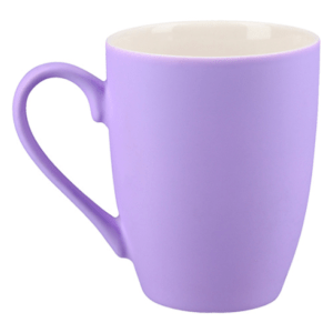 A purple coffee mug with a heart shaped handle