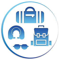 A blue circle with a suitcase , sunglasses , headphones and a backpack.
