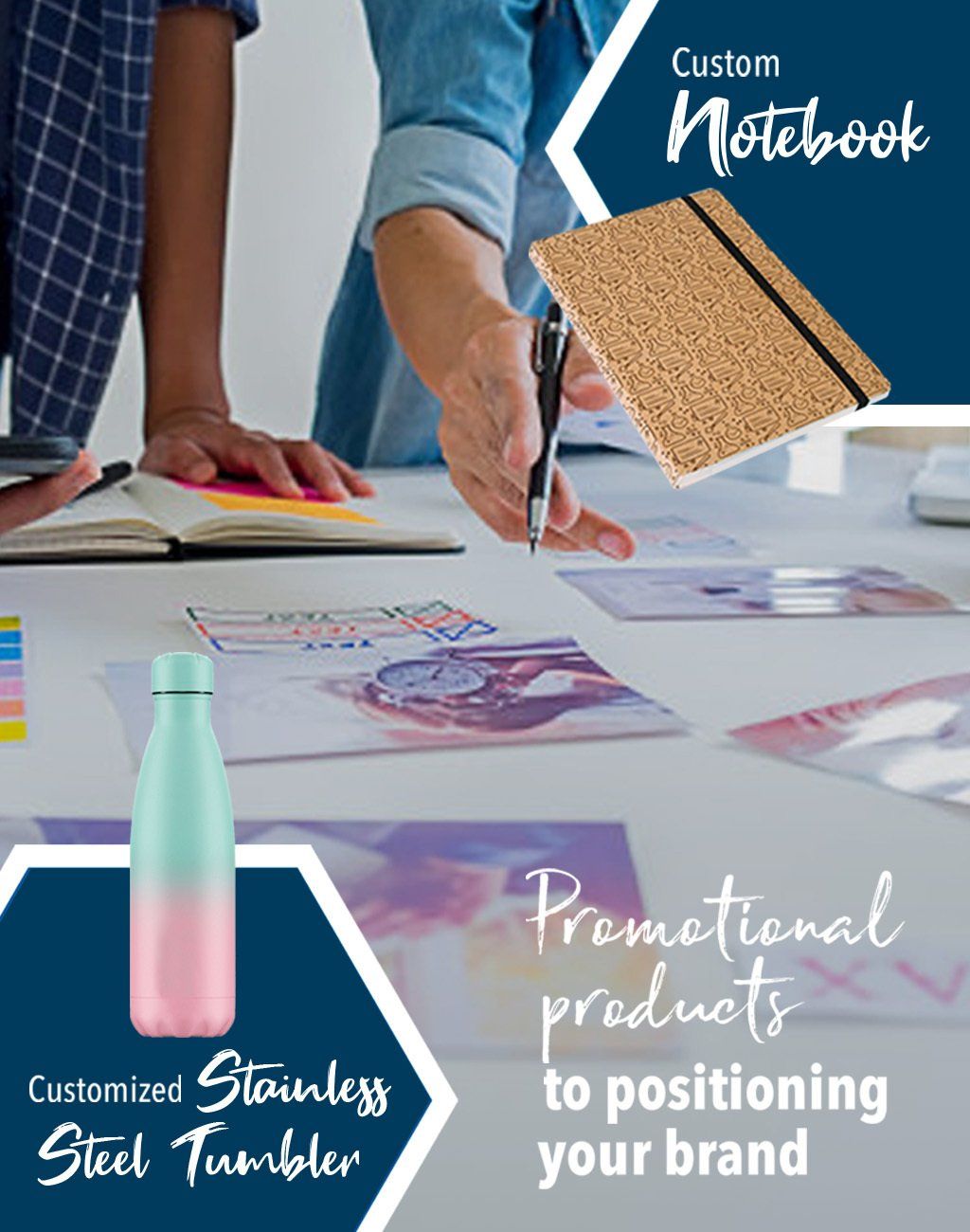 An advertisement for custom notebooks and promotional products