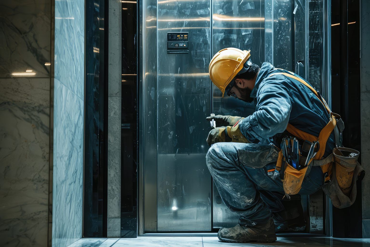 Elevator repair worker in yellow hard hat crouches, examining the doors. Silver elevator, marble walls.