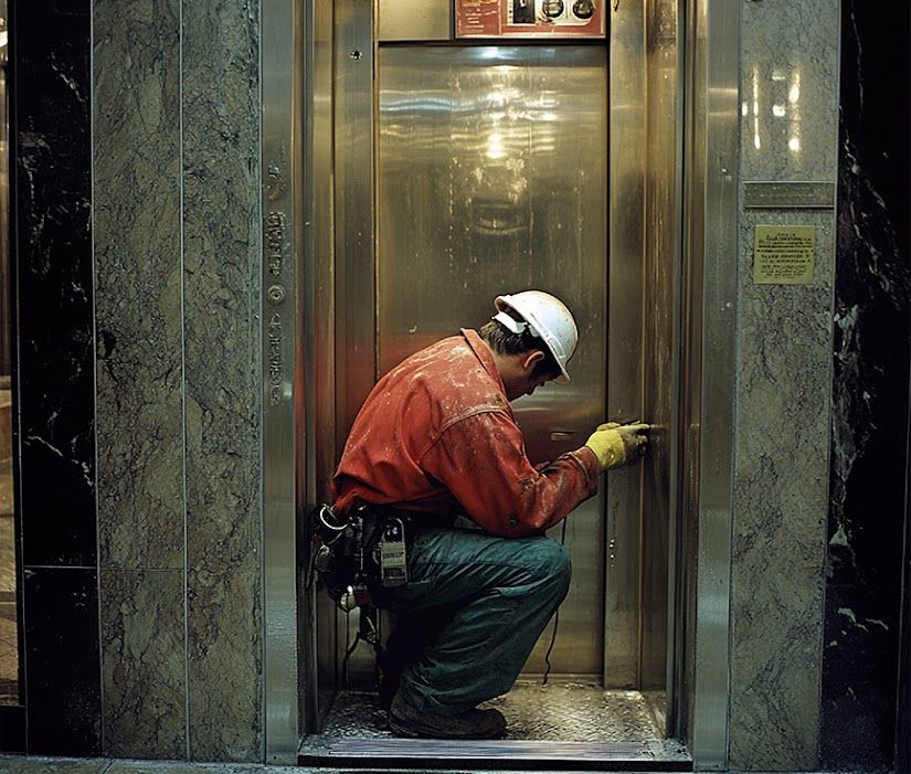 Person in hard hat and work clothes kneels, inspecting an elevator door.  The setting is a building with marble walls.