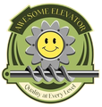 Logo: "Awesome Elevator," with a smiling gear, on a light green background, slogan "Quality at Every Level".