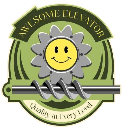 Logo: "Awesome Elevator," with a smiling gear, on a light green background, slogan "Quality at Every Level".