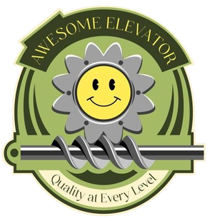 Logo: "Awesome Elevator," with a smiling gear, on a light green background, slogan "Quality at Every Level".