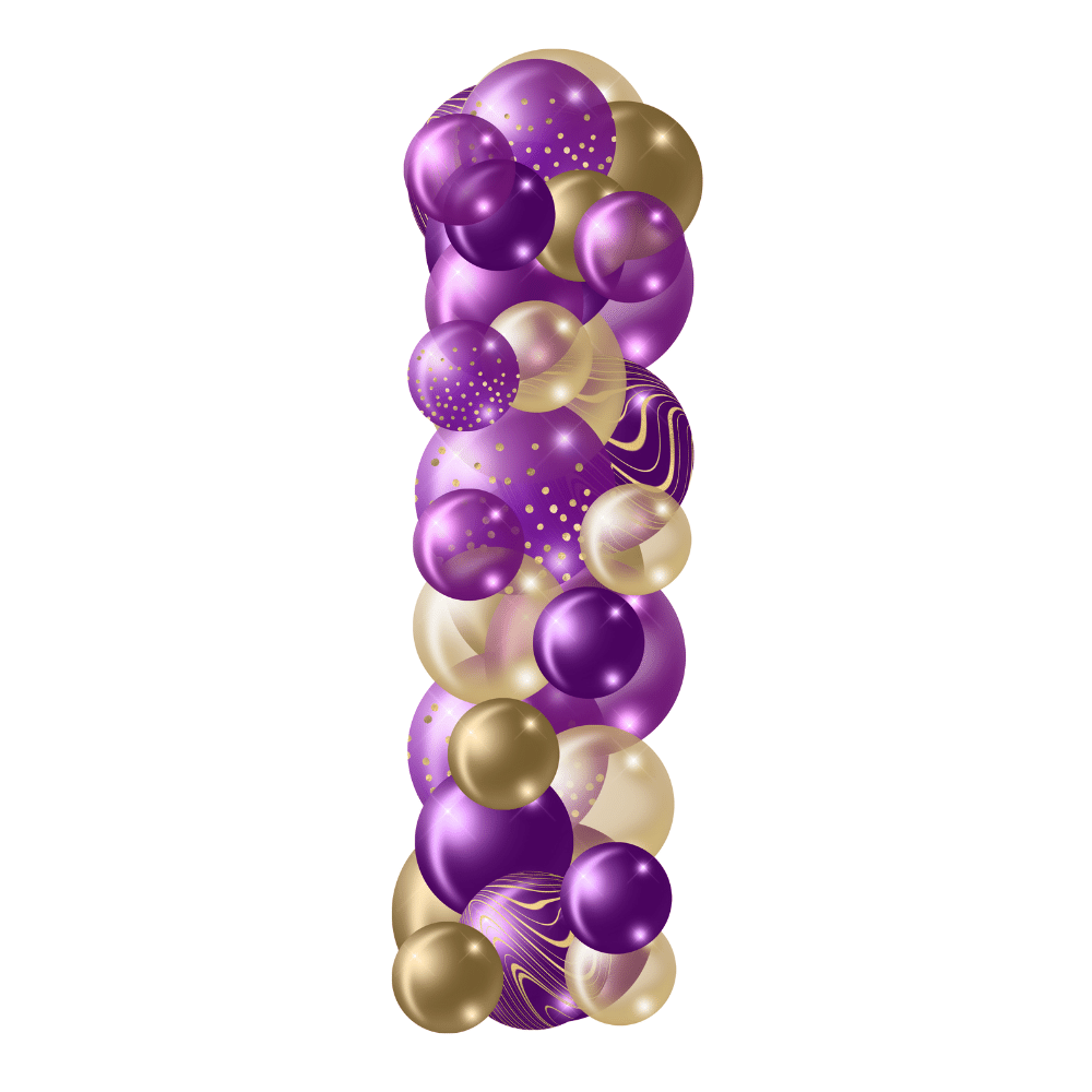 The letter i is made of purple and gold balloons.