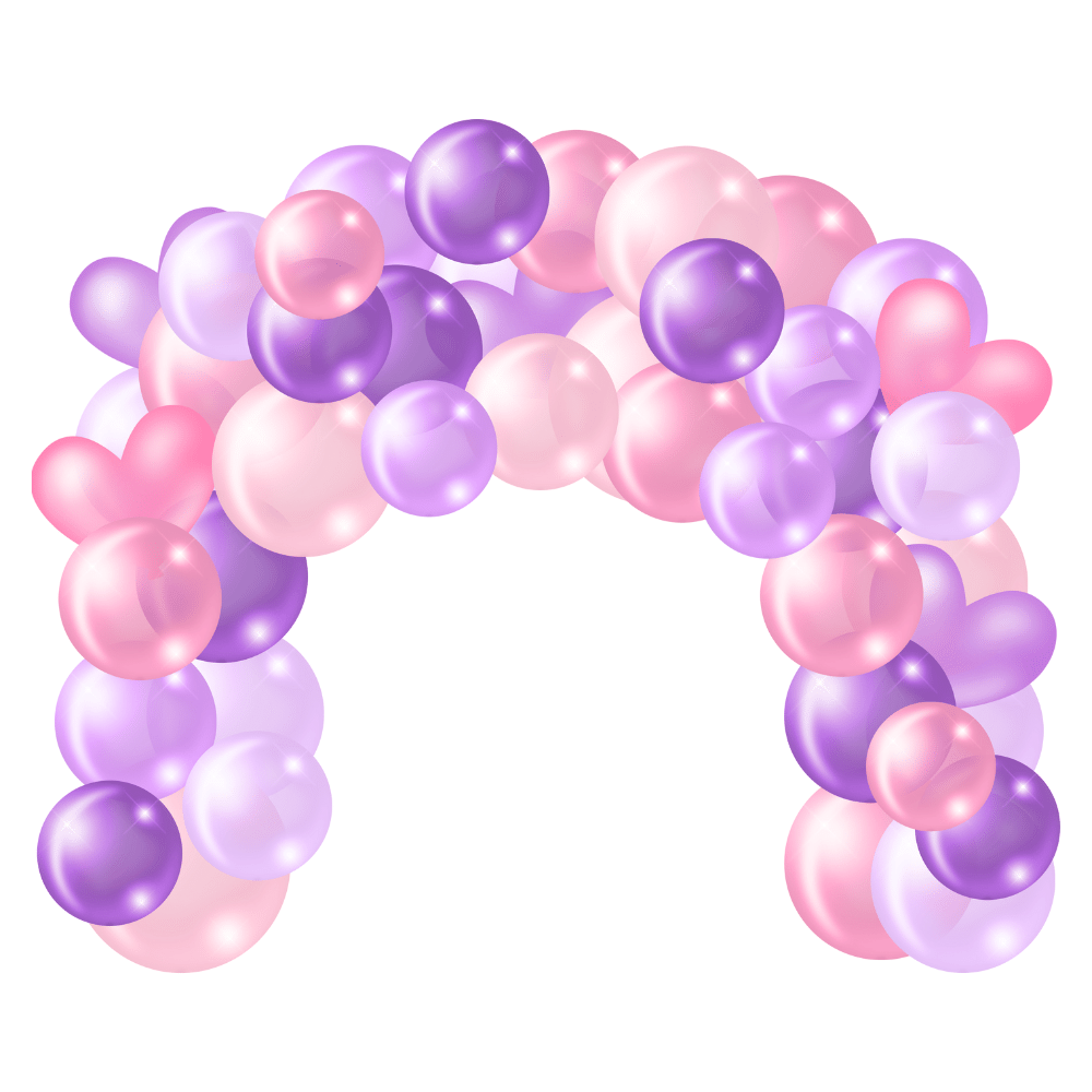 A pink and purple balloon arch on a white background.