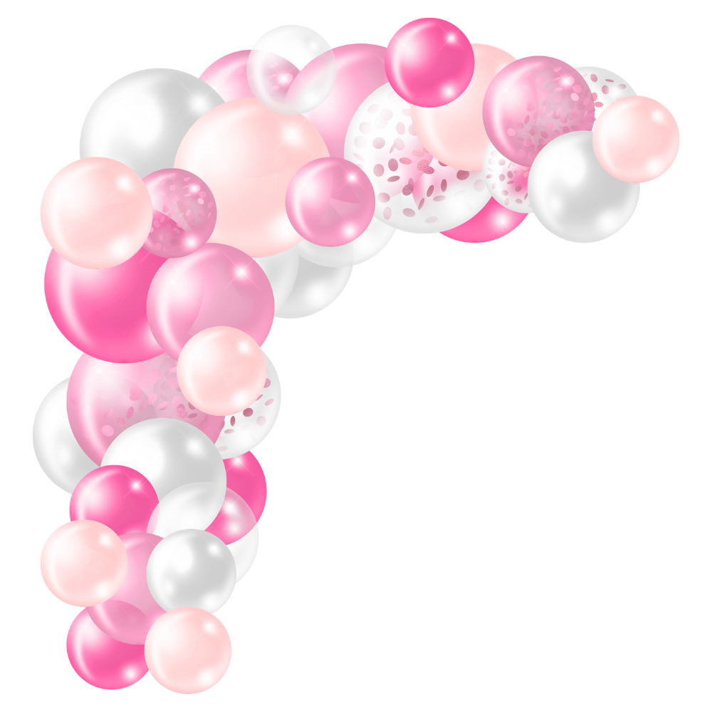 A bunch of pink and white balloons on a white background.