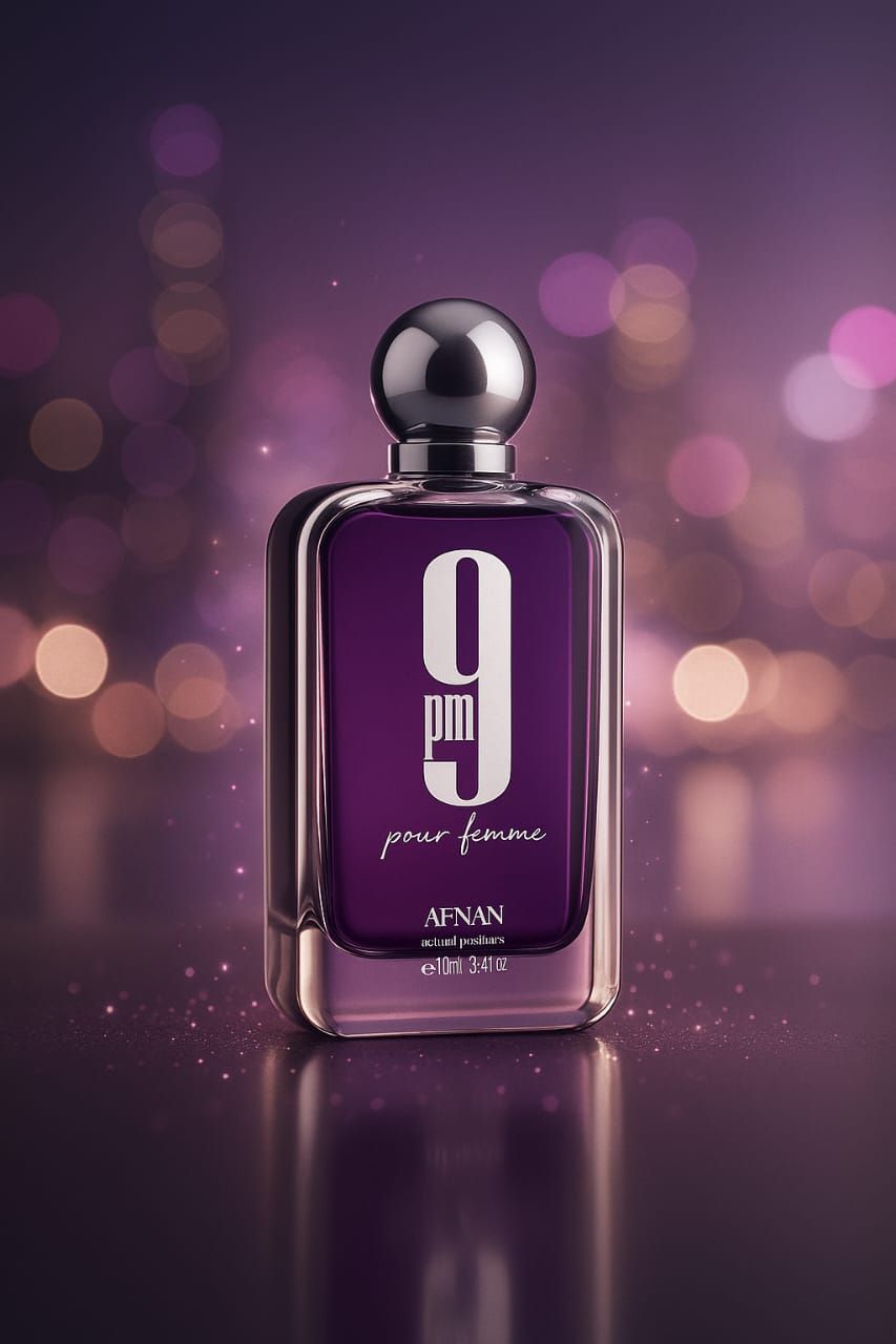 Frasco de perfume morado con tapón plateado, 