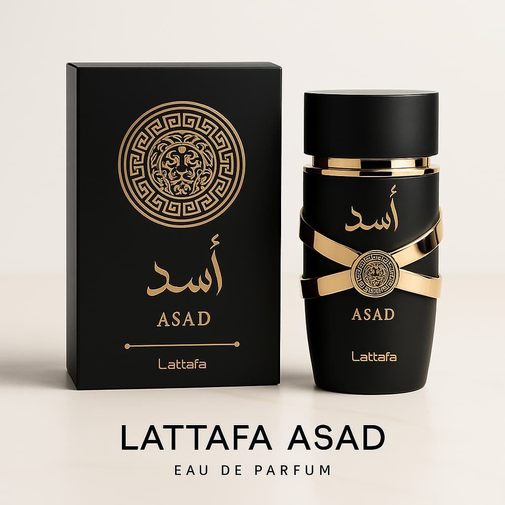 Frasco y caja de perfume Lattafa Asad sobre fondo neutro. Diseño en negro y dorado. Escritura árabe.