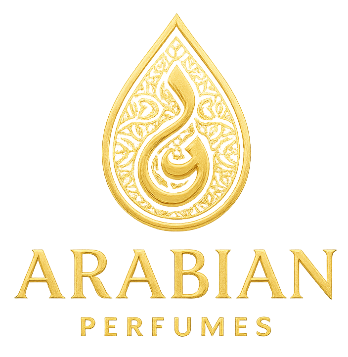 Logotipo de Golden Arabian Perfumes: lágrima con escritura árabe y patrón ornamentado, debajo el texto 