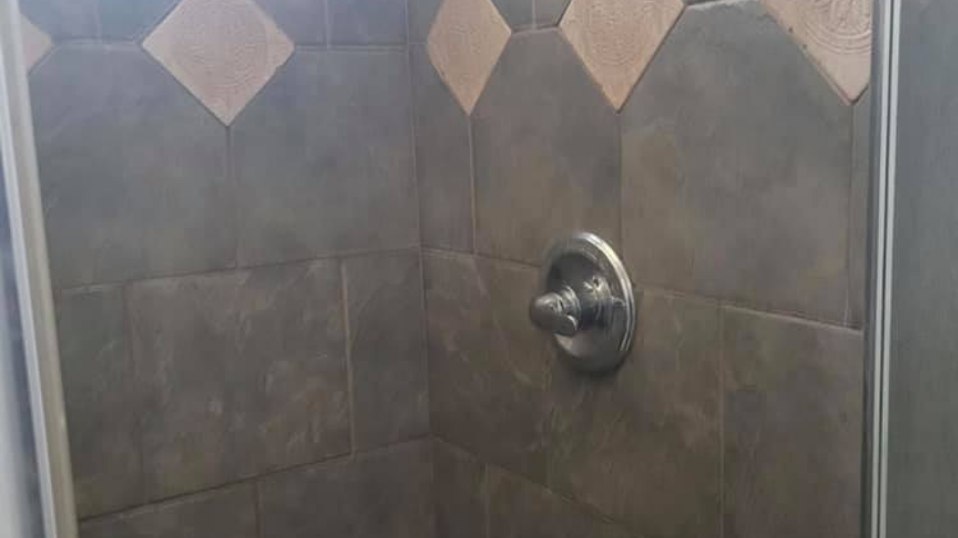 A shower interior with dark, mottled-brown square wall tiles and an accent row of light-brown diamond-shaped tiles.