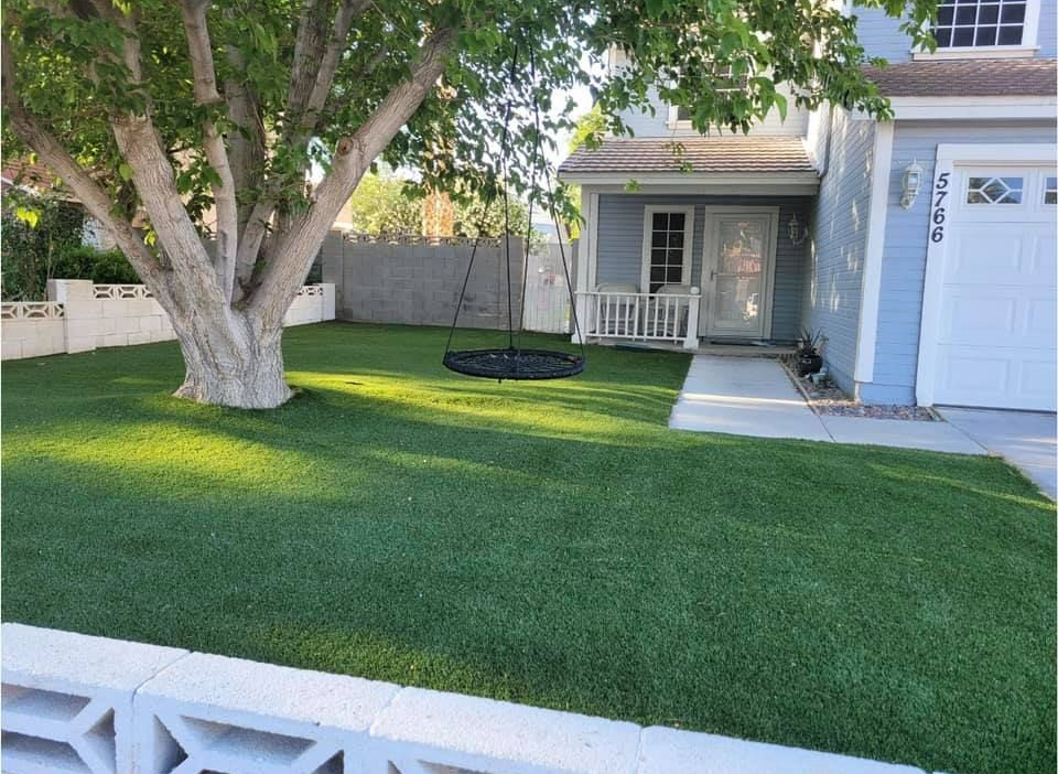 A light blue house with a white garage door, featuring a well-manicured green lawn and a large tree with a hanging swing.