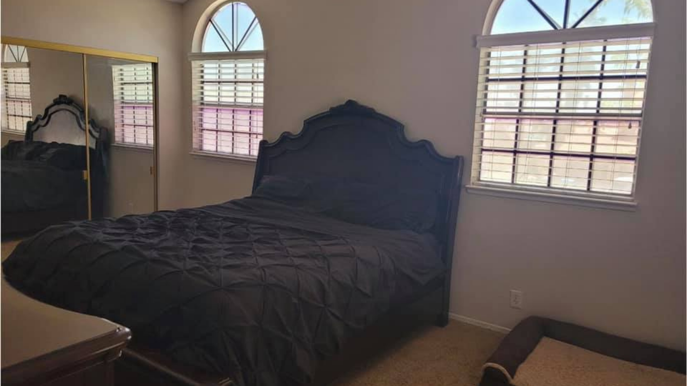 A bedroom with a dark bed frame and comforter, two arched windows with blinds, and a mirrored closet on the left.