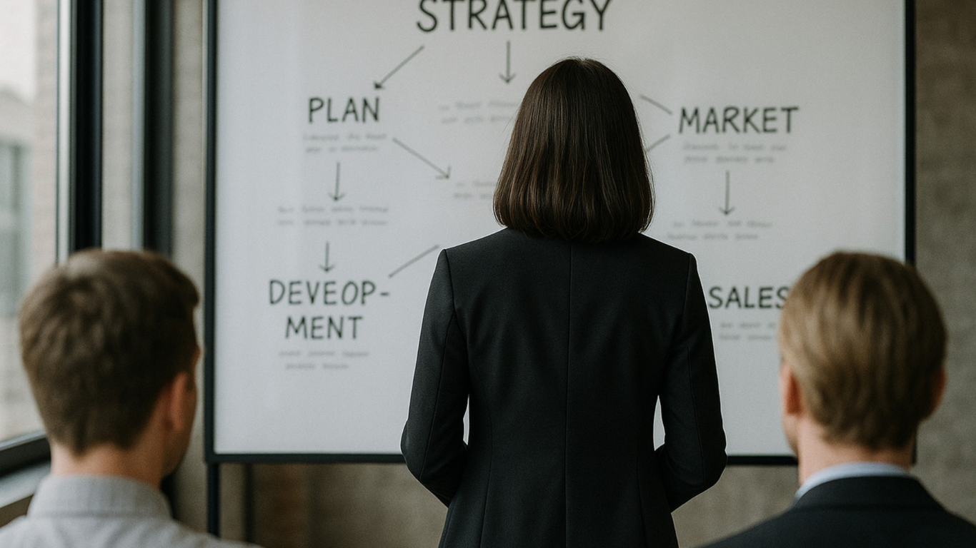 A professional standing before a whiteboard with a strategy flowchart, facing two colleagues in a modern office setting.