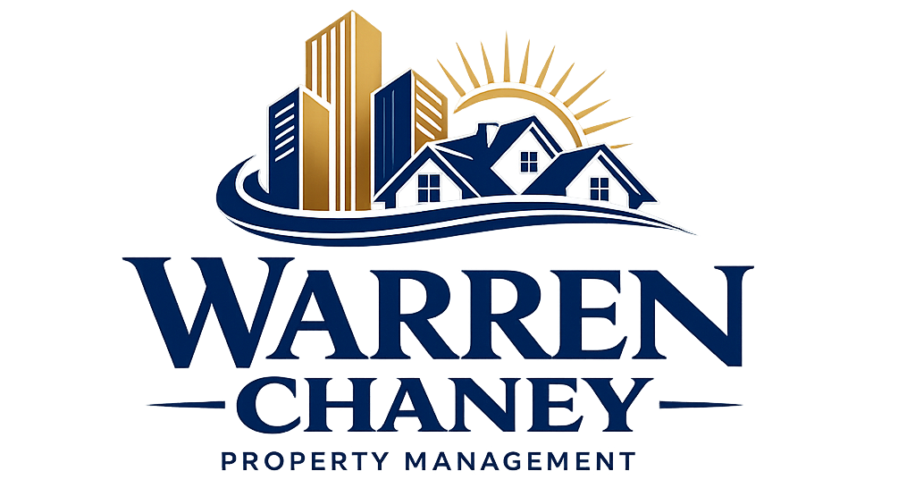 Logo for Warren Chaney Property Management, featuring gold skyscrapers, dark blue houses, and a rising sun icon.