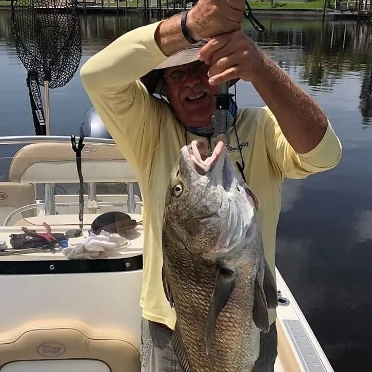 Man on a boat holds up a large black drum fish, smiling. He wears a yellow shirt and hat.