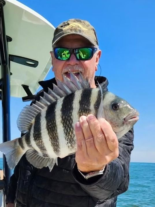 Man holding a striped sheepshead fish on a boat. He's smiling, wearing sunglasses and a hat, with the ocean in the background.