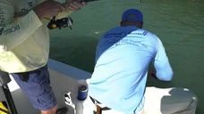 Two people fishing from a boat; one reels in a fish, the other leans over the side.