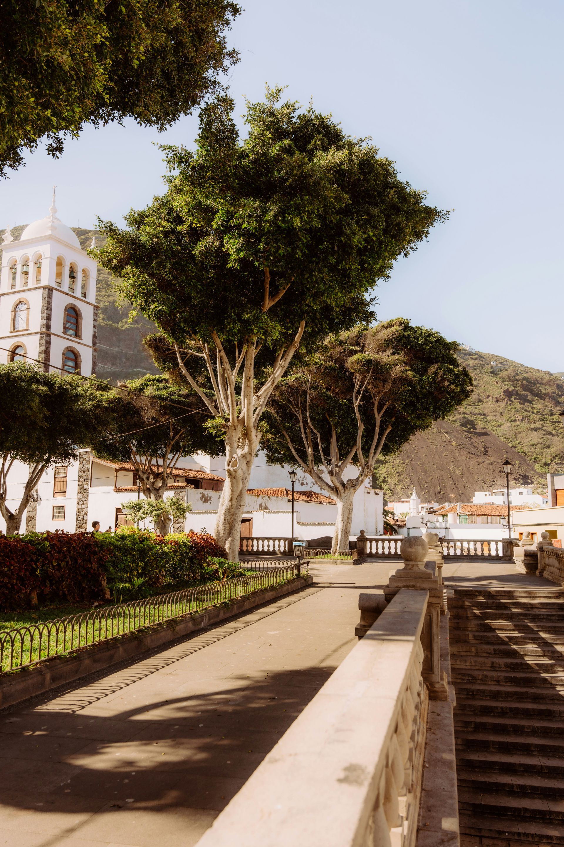 Een pad, omzoomd met bomen en stenen muren, leidt naar een wit gebouw met een toren; het is een zonnige dag.