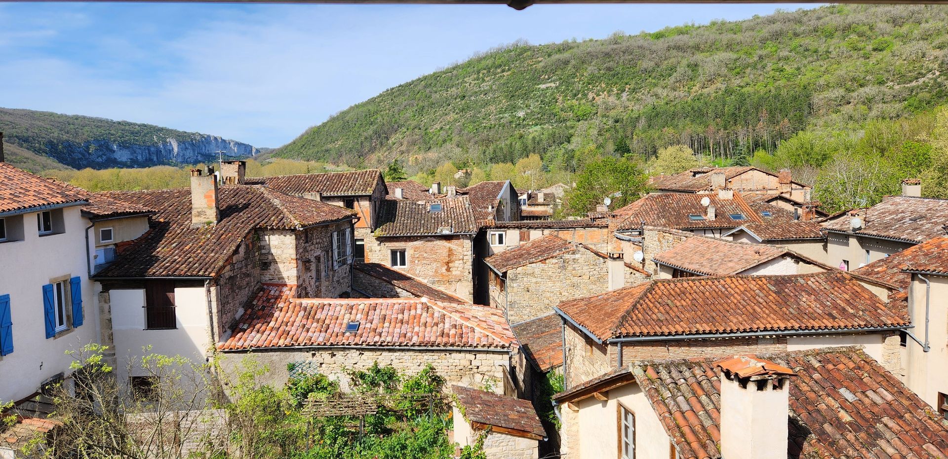 An aerial view of a small town with a mountain in the background.