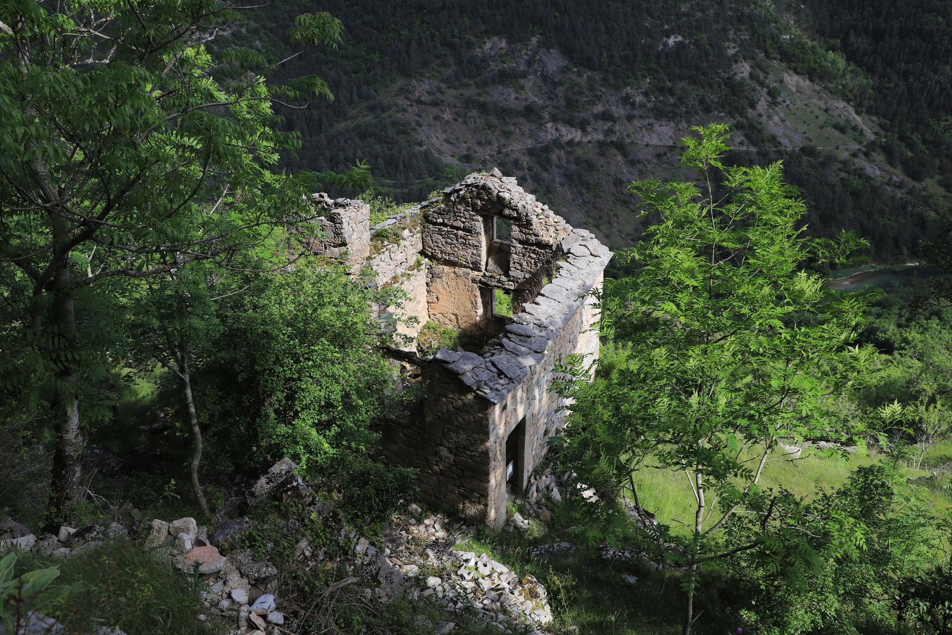 an old building is sitting on top of a hill surrounded by trees .