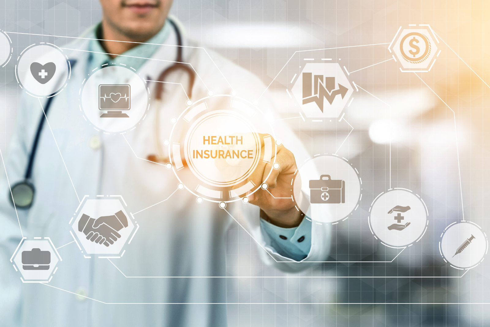 A doctor is pressing a button on a screen that says health insurance.