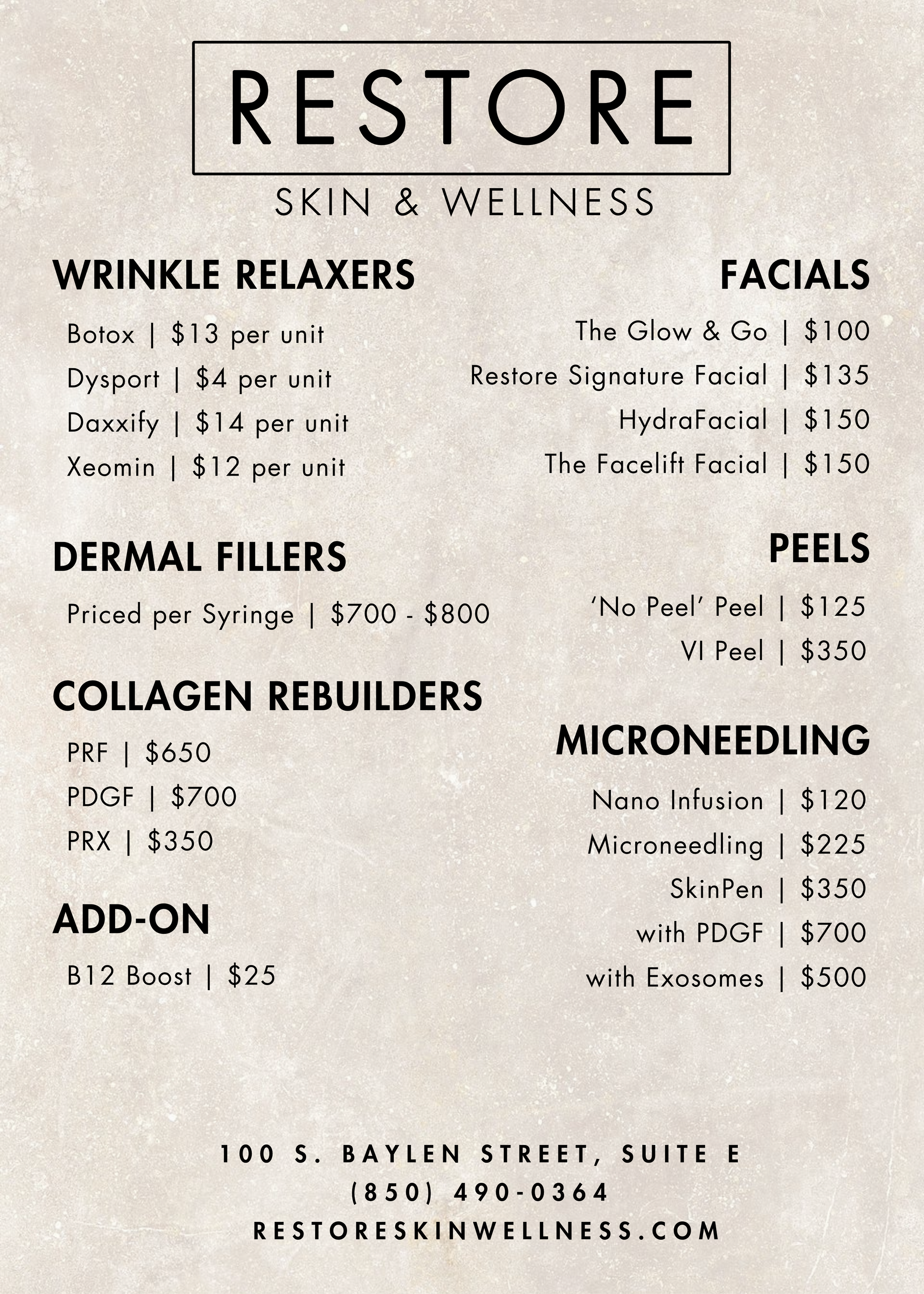 Menu of aesthetic injection services at Restore Skin & Wellness, listing wrinkle relaxers, fillers, and body treatments.