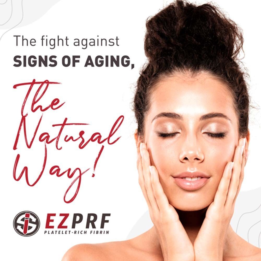 Woman with hands on face, eyes closed. Text: The fight against signs of aging, the natural way. EZPRF logo.