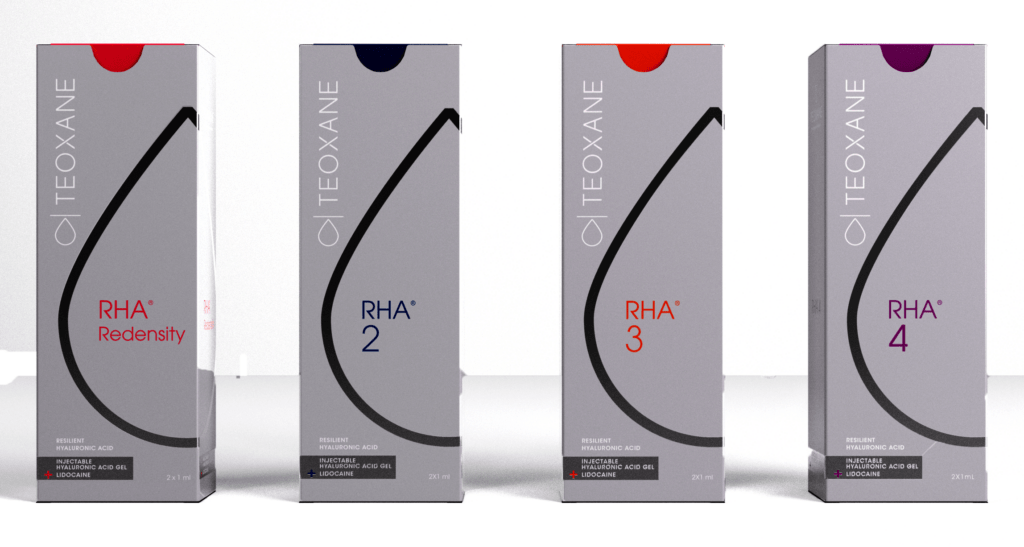 Boxes of Teoxane RHA dermal fillers, each with a different number, and colored circles on top.