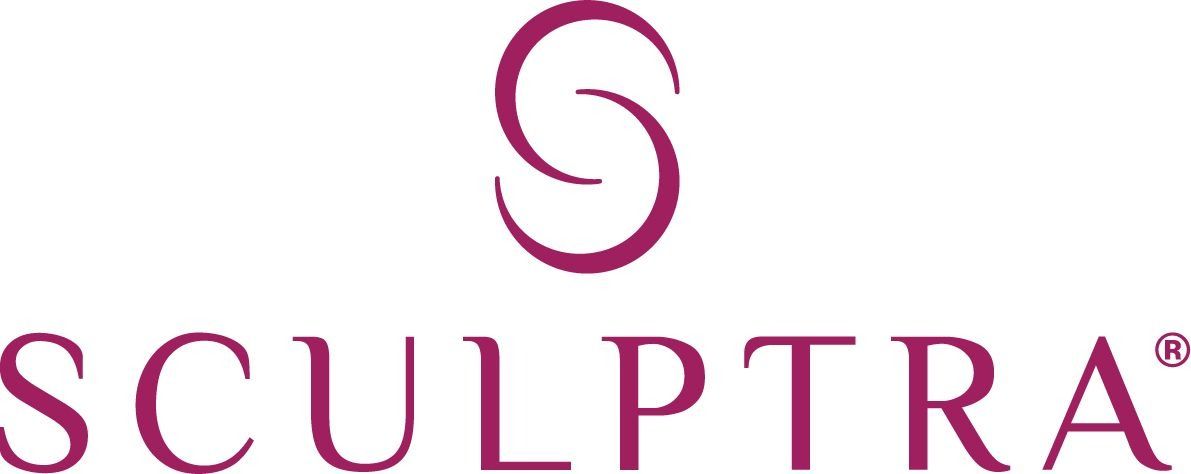 Sculptra logo: Maroon stylized overlapping "S" symbol above the word "SCULPTRA" in maroon.